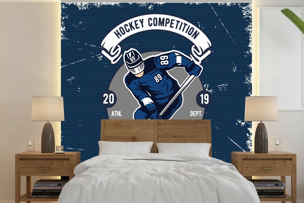 MuchoWow Fototapete für Wohnzimmer oder Schlafzimmer Wandtapete Vinyl Motivtapete Eishockey - Jahrgang - Puck - 350x350 cm - Schlafzimmertapete
