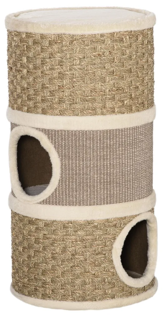 Arbre à chat tonneau design en sisal naturel et peluche 37,5x70 cm