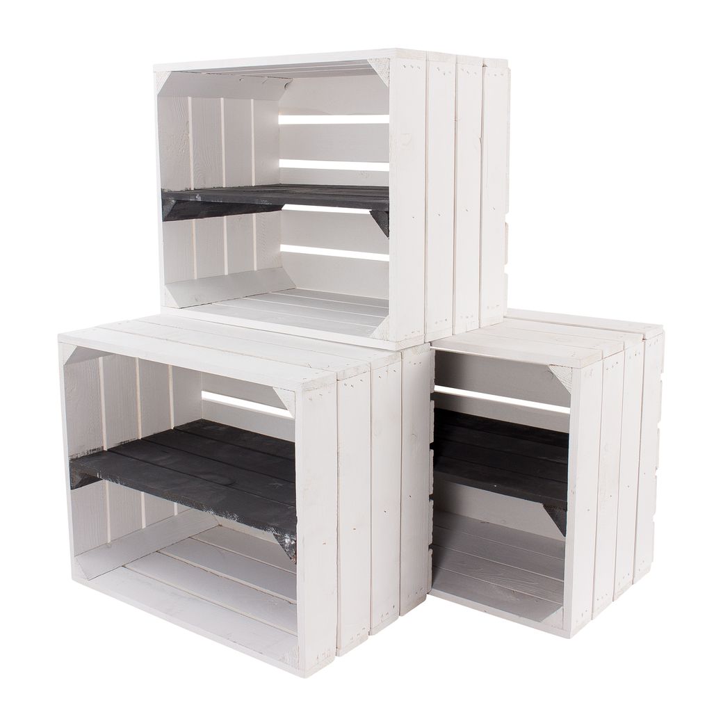 9er Set neue weisse Holzkiste mit Regalboden in schwarz 50cm x 40cm x 30cm Regal Wandregal Obstkisten/Weinkisten Kiste Holzregal Apfelkiste weiß