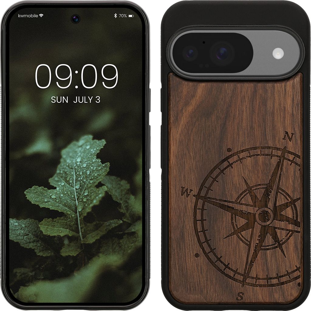 kwmobile Hülle kompatibel mit Google Pixel 10 / Pixel 10 Pro Hülle - Holz Case - Handy Cover - TPU Handyhülle in Dunkelbraun Kompass Vintage