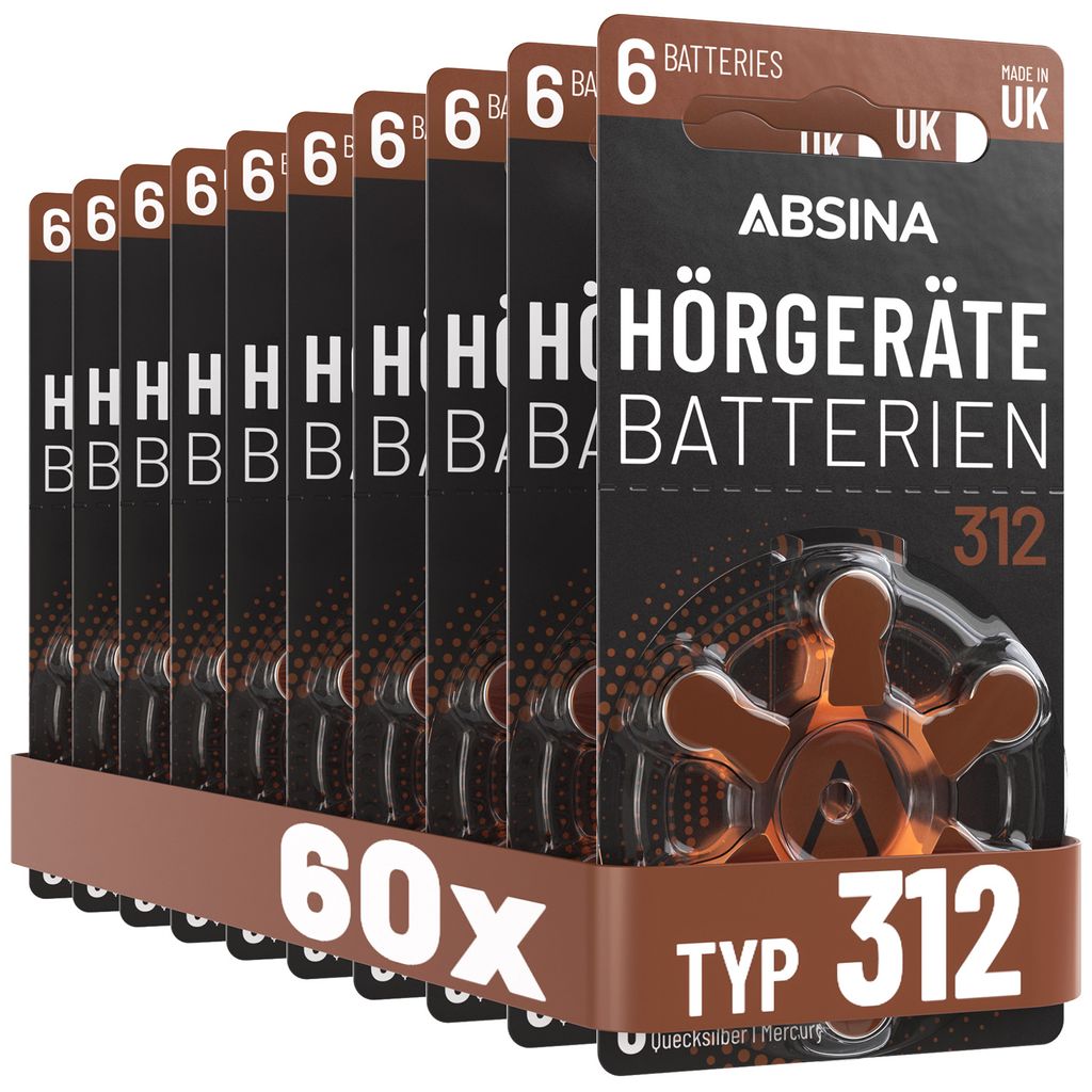 ABSINA 60x Hörgerätebatterien 312 mit gut