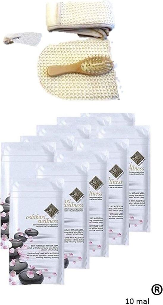 10 x Oshibori Wellness Frotteetuch Erfrischungstuch + + Sauna Set mit Beutel 2 Massage + Stein + Haarbürste