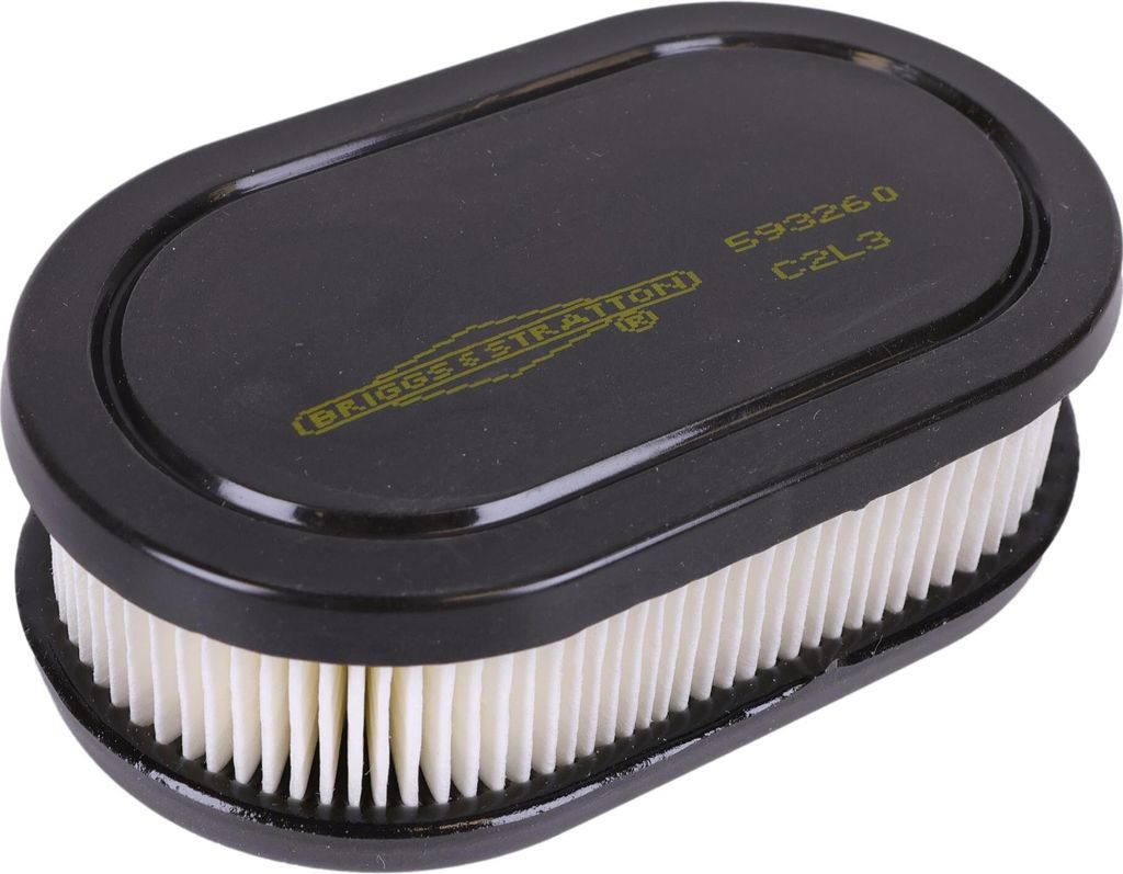 A black and white air filter for a lawnmower engine.