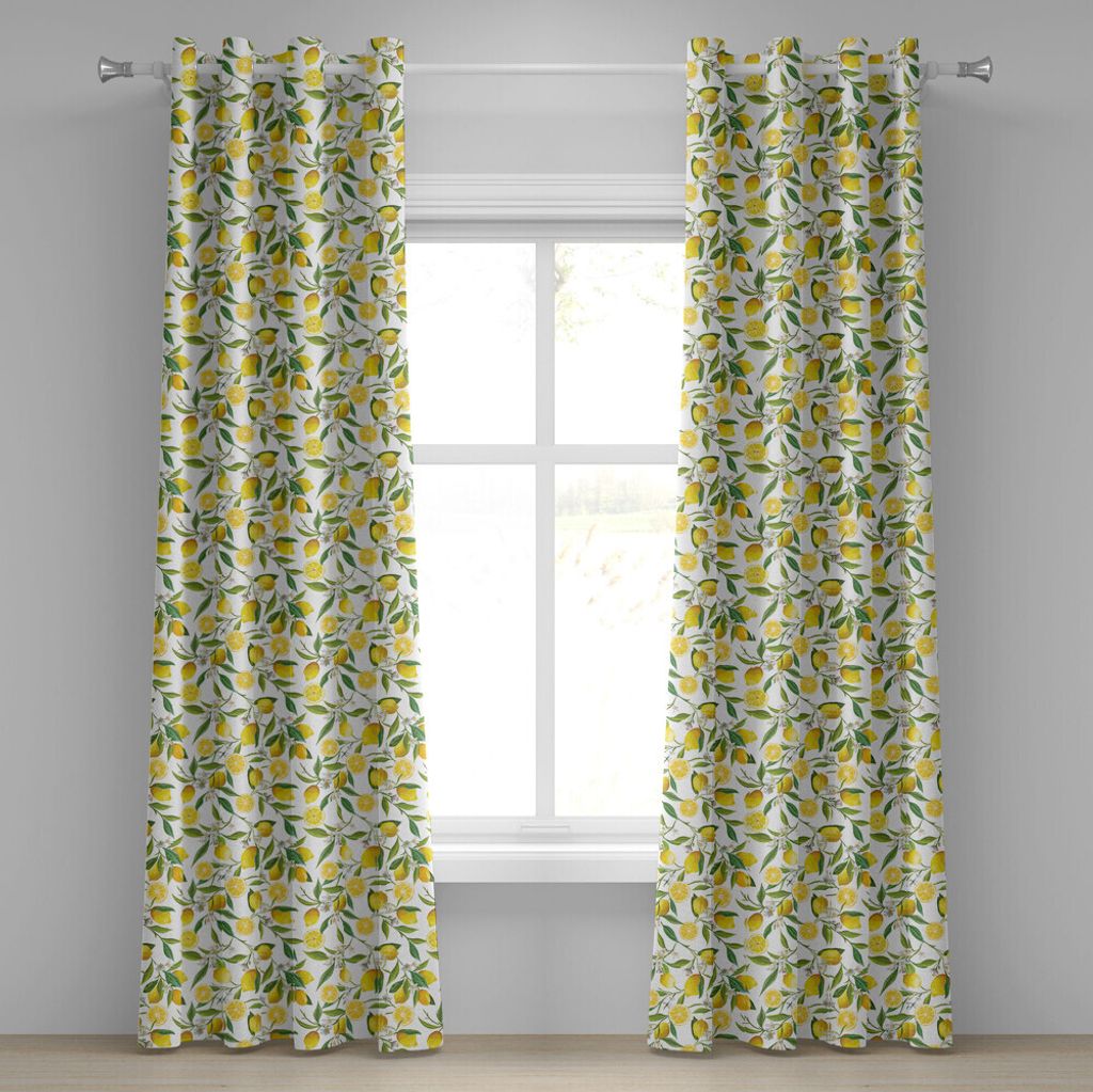 ABAKUHAUS Natur Ösenvorhang, Exotische Blüte Zitronen Baumzweige Lecker Küche Elemente Illustration, Dekorative 2-Panel-Fenstervorhänge, 280 cm...