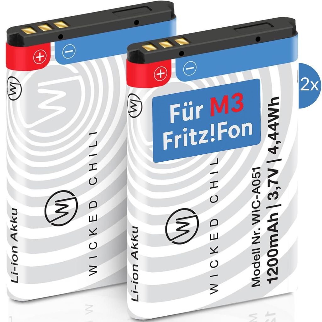 Wicked Chili 2x Akku für AVM FRITZ!Fon M3, Ersatzakku mit +20% Kapazität, Ersatzakku für Fritzfon VOIP Telefon, Zubehör für Fritz Fon Batterie