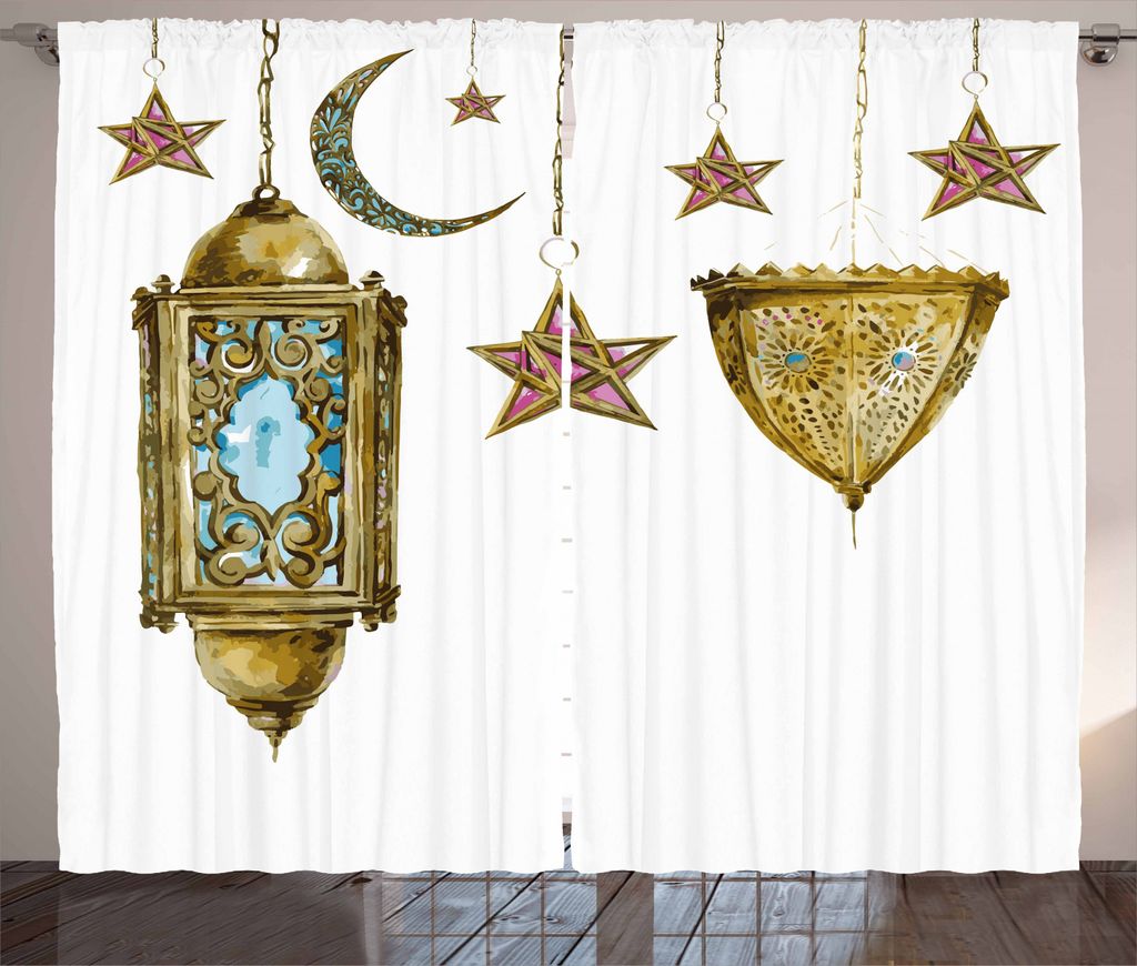 ABAKUHAUS Laterne Rustikaler Gardine, Aquarell-Mond-Stern, Schlafzimmer Kräuselband Vorhang mit Schlaufen und Haken, 280 x 245 cm, Ringelblume Ros...