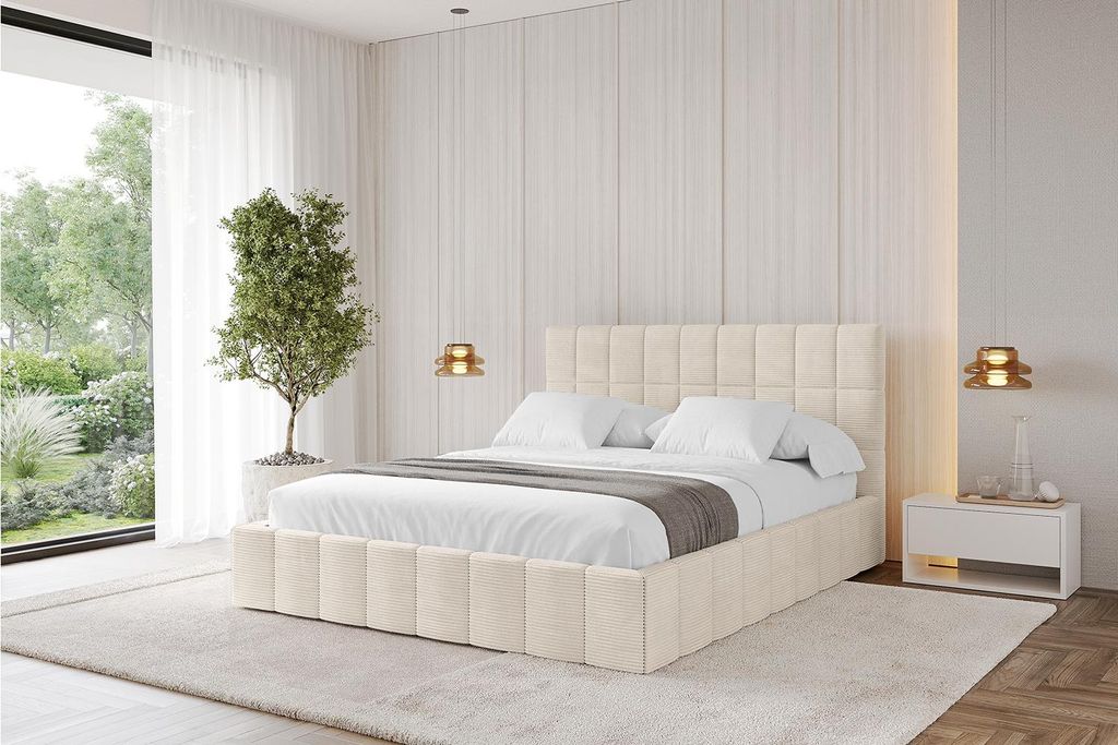 ALTDECOR Polsterbett mit Bettkasten - AMEA 200x200 Beige und Lattenrost, Bett mit Kopfteil, Boxbett ohne Matratze, Doppelbett mit Stauraum