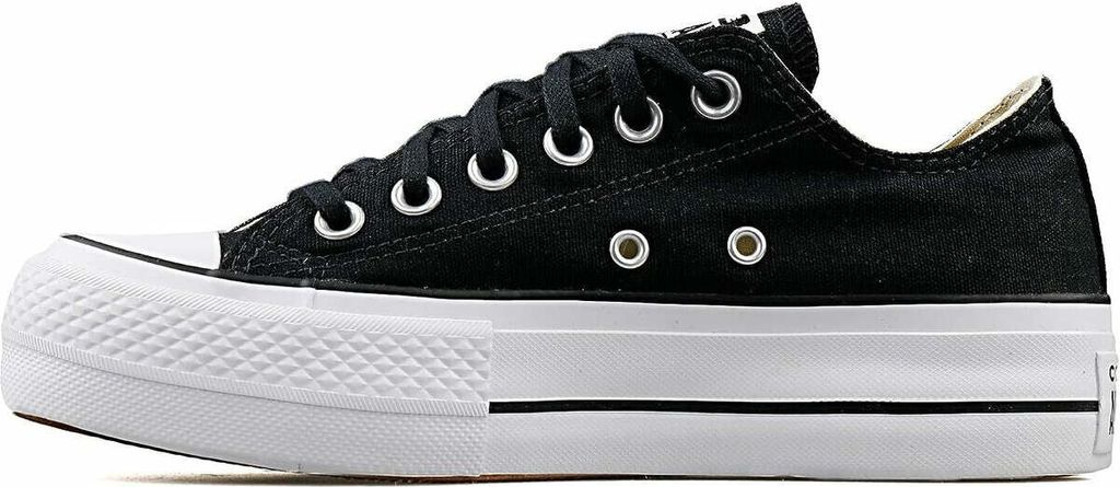A side view of a black Converse Chuck Taylor All Star Lift Ox sneaker with a white platform sole.