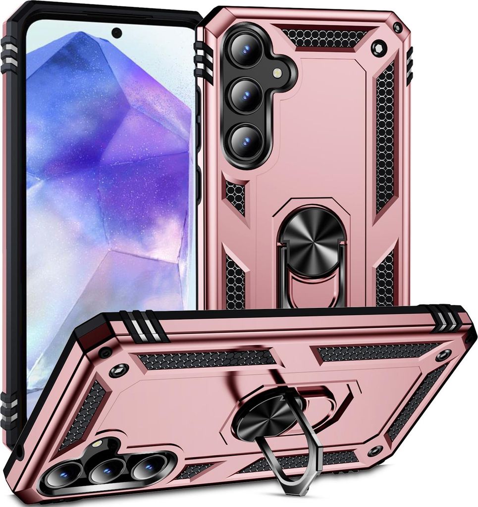 Schutzhülle für Samsung Galaxy A55 Dual Layer Robust Militäre Fallschutz Hülle mit Ringhalterung Ständer Roségold