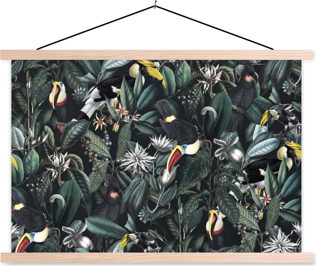 MuchoWow Textilposter Blumen - Vogel - Tukan 120x80 cm mit holzfarbenen Rahmen - Aufhängeset