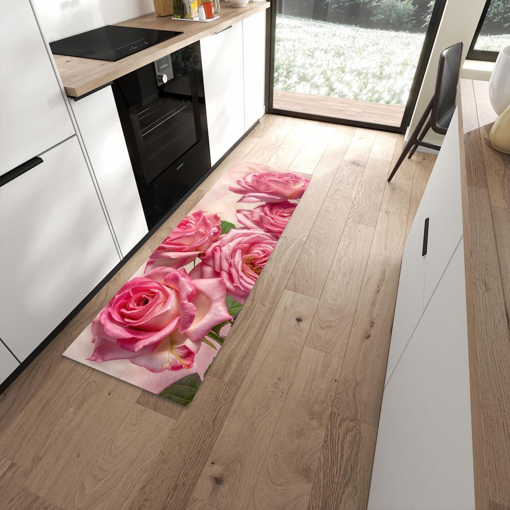 Küchenteppich 60x180cm rutschfest & abwischbar PVC Läufer - Rosenblütenpracht