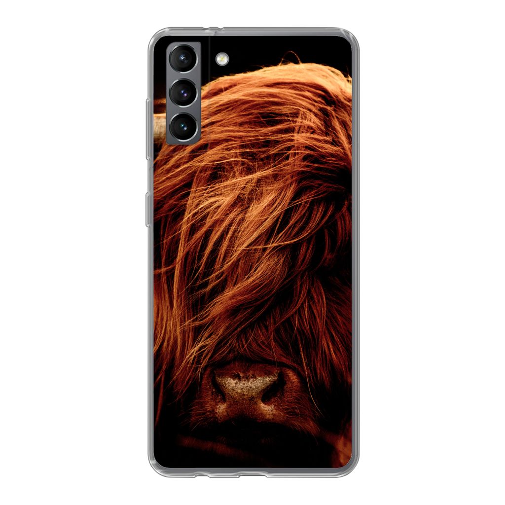 MuchoWow Handyhülle Schutzhülle Hülle für Samsung Galaxy S21 Plus Schottischer Highlander - Kuh - Hörner - Porträt - Tiere Silikon Softcase...