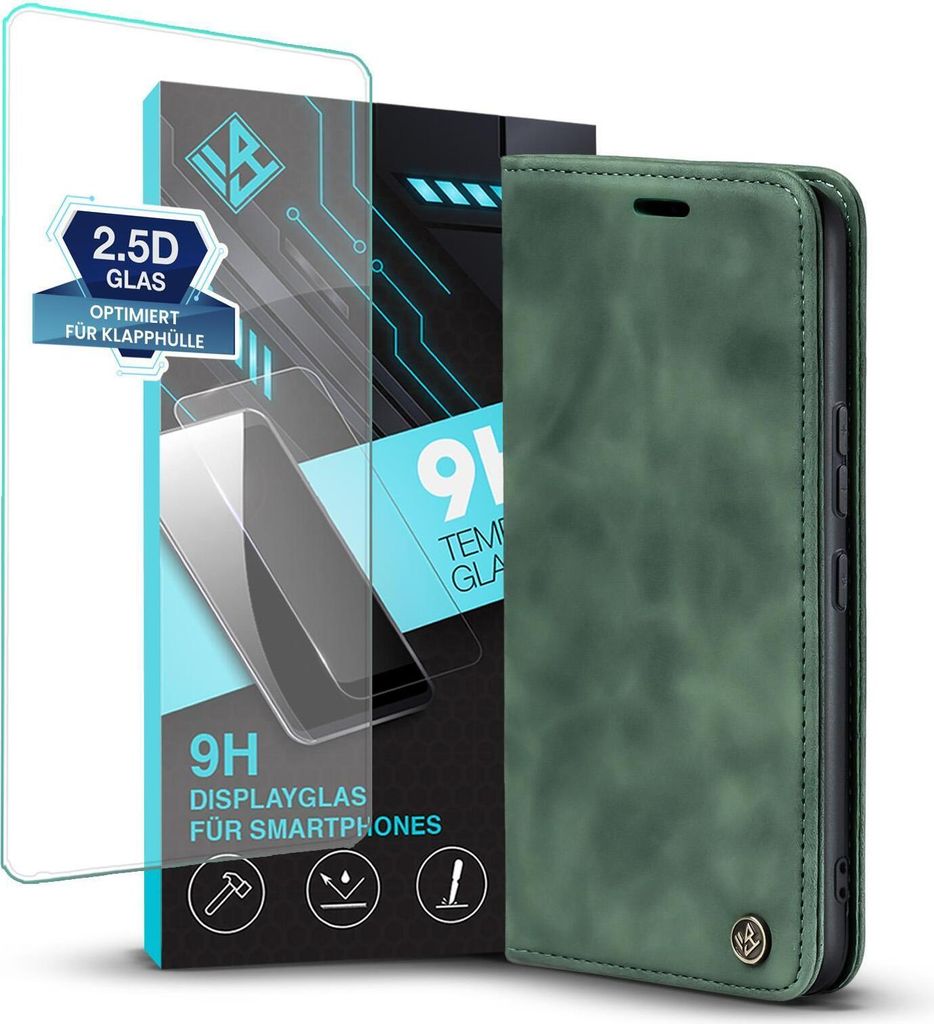 Handy Hülle für Xiaomi 12 Lite mit 9H Displayglas Klapphülle Bookcase Flip Cover Handy Tasche Etui Farbe: Grün