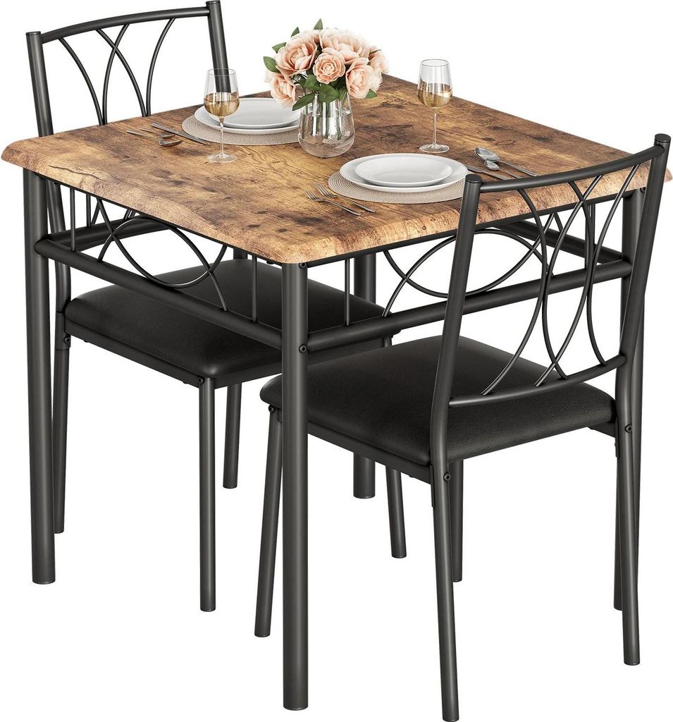 Essgruppe für 2 - Quadratischer Esstisch mit Stühlen - Platzsparend - Für kleine Räume - Holz - Schwarze Stühle