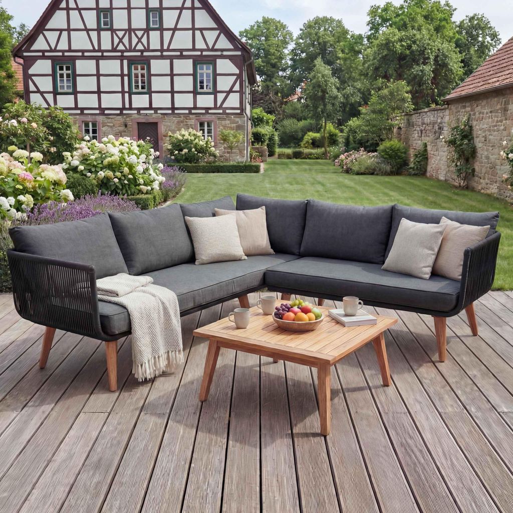 Garten-Garnitur HWC-L30, Garnitur Sitzgruppe Lounge-Set Sofa, Akazie Holz MVG- Polster dunkelgrau