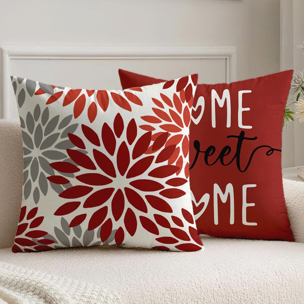 Set mit 2 Kissenbezügen, 40 x 40 cm, rote Dahlien, moderner Samt-Look, für Garten, Sofa, Wohnzimmer, Bett, doppelseitiges Muster