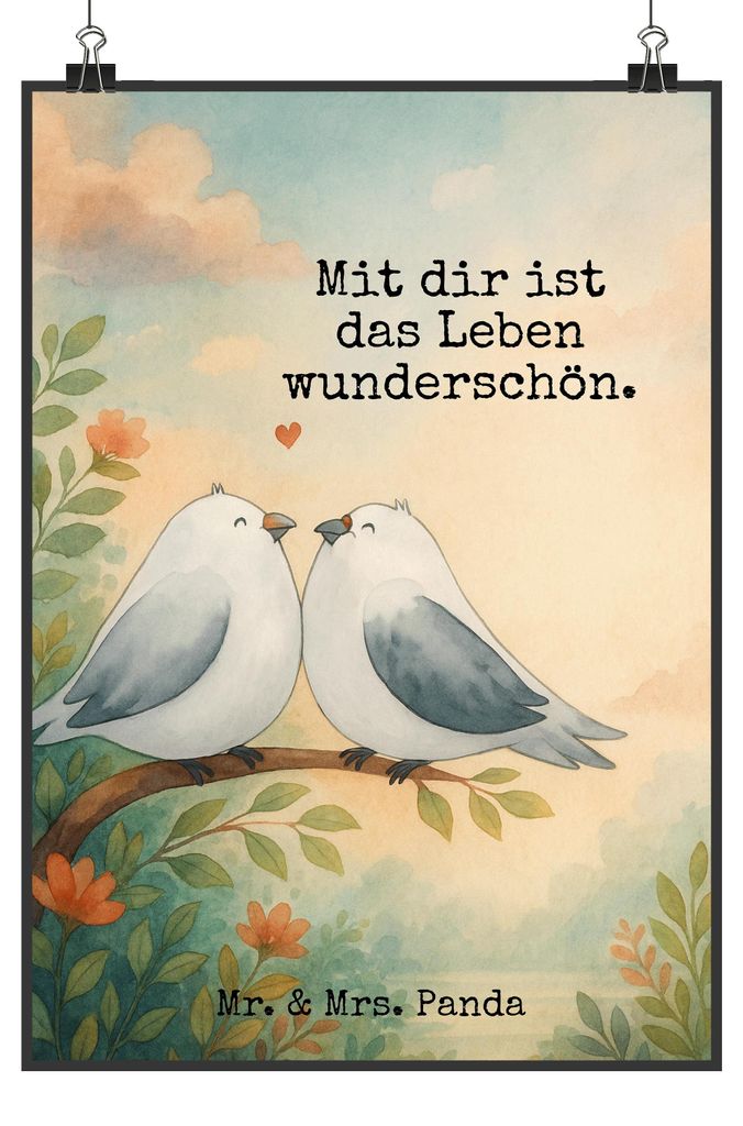 Mr. & Mrs. Panda Bild Turteltauben Liebe Design DIN A5 - Weiß - Geschenk, Partner, Freundin, wanddeko, drucke, Plakat, kunstdruck poster, Hochzeit...