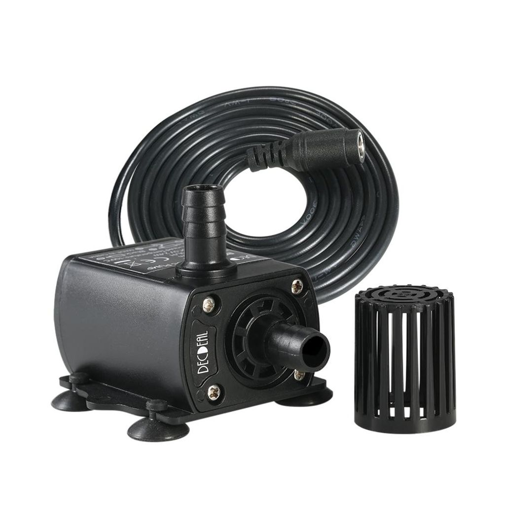 A black submersible water pump with a power cord and a filter attachment, presented on a white background.
