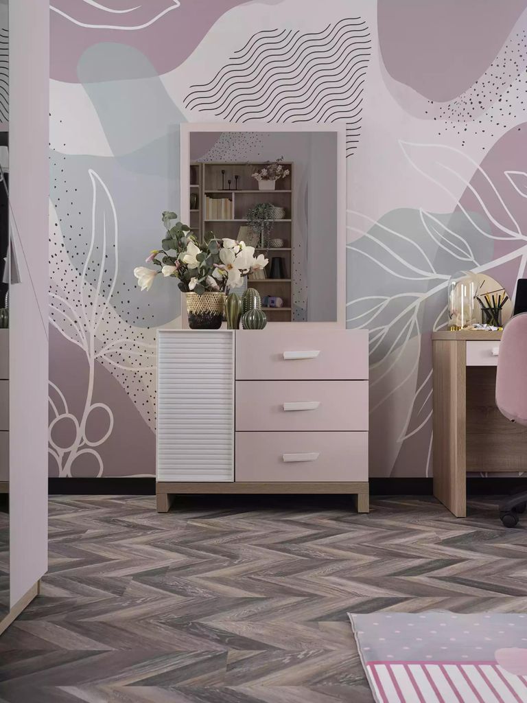 Kommode mit Spiegel Kindermöbel Holz Rosa 2tlg Kinderzimmer Schrank