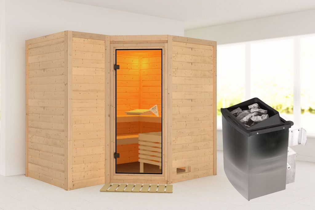 Karibu Sauna Innensauna Sahib 2 Eckeinstieg Ofen 9 kW integr. Strg 236x184x208 cm ohne Dachkranz mit Bronzierter Tür