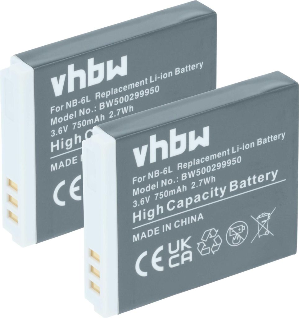vhbw 2x Akku kompatibel mit Canon Digital Ixus 310HS, 85is, 95is, 25is, 210, 300HS, 105is, 200is Kamera (750 mAh, 3,6 V, Li-Ion)