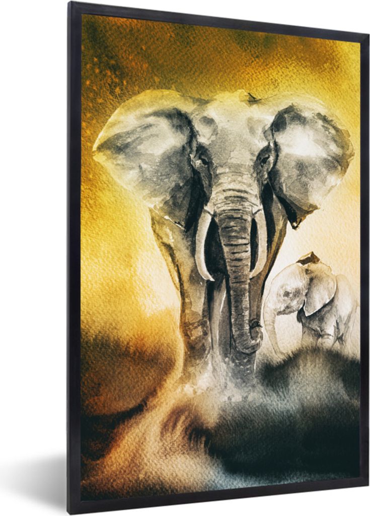 MuchoWow MuchoWow Gerahmtes Poster Elefant - Aquarellfarbe - Gelb 60x90 cm - Poster mit zchwarzem Bilderrahmen - Kunst