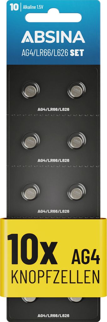 ABSINA AG4 LR66 Knopfzelle 10er Pack - 1,5V Alkaline Knopfzellen SG4 / V4GA / G4A / 4GA / L626 / 177 / LR626