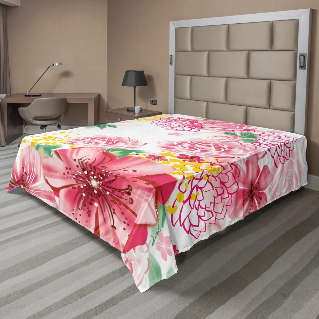 Drap plat ABAKUHAUS à motif pivoines roses et pois 244 x 205 cm coton