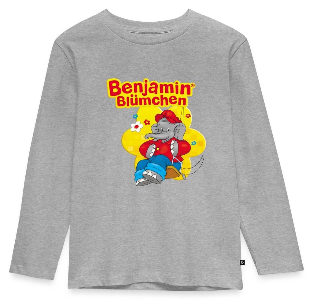 Spreadshirt Benjamin Blümchen Auf Schaukel Schriftzug Kinder Premium Langarmshirt, 110/116 (4 Jahre), Grau meliert