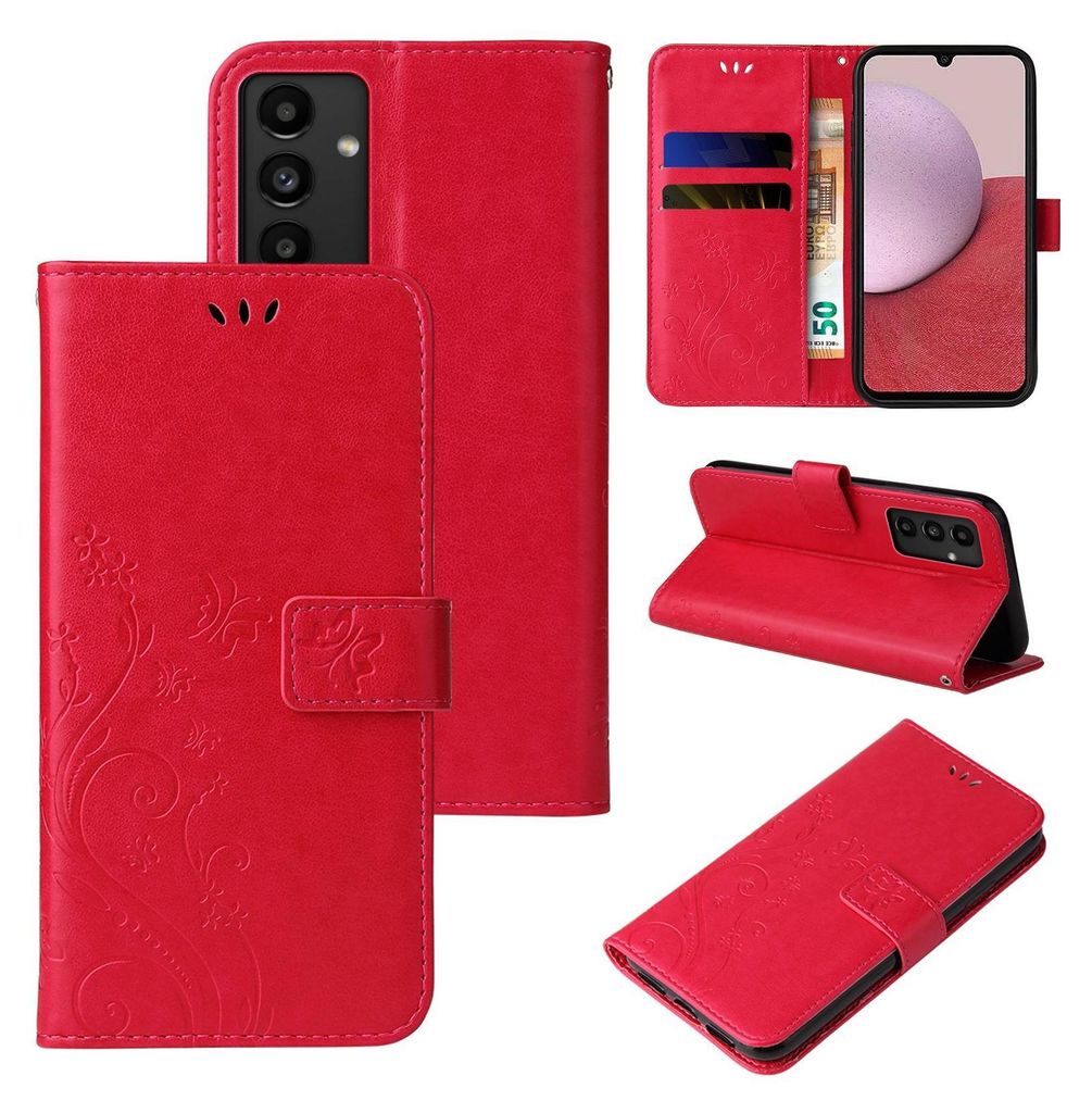 Handyhülle für Samsung Galaxy A14 / A14 5G Floral Blumen Schmetterling Flip Cover Hülle Case Klapphülle Handytasche Farbe: Rot