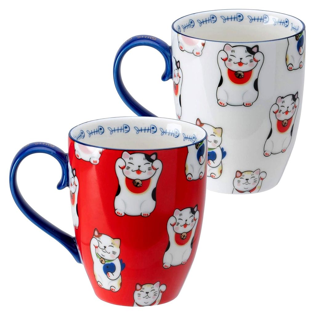 Kawaii 2-teiliges Tassen-Set rot und weiß mit blauen Henkeln, Ø 8,5 cm, 10,2 cm hoch, 380 ml, asiatisches Porzellan, Motiv der Glückskatze, inkl...