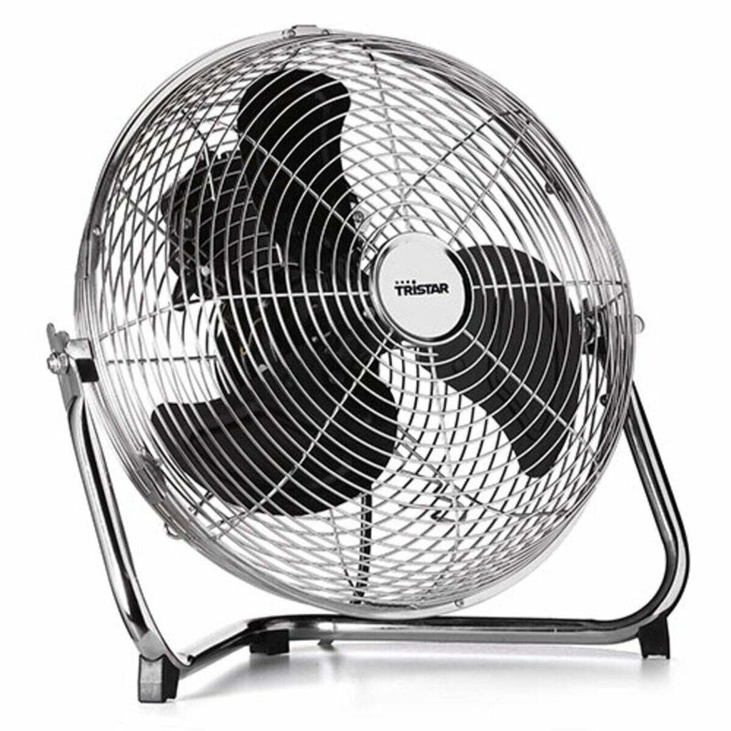 A chrome-plated electric fan with black blades.