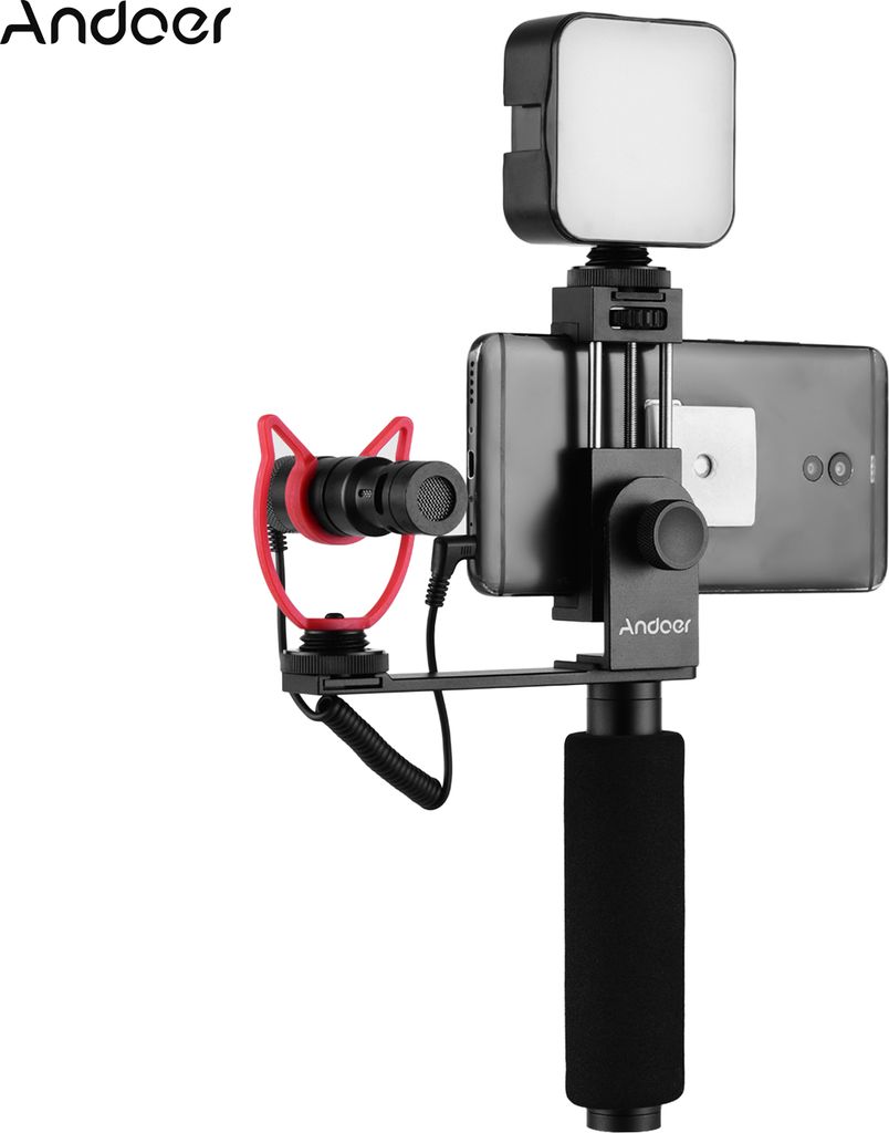 Andoer Smartphone Vlogging Handgriff Handy Videoaufzeichnungshalter Griff Stabilisator Handyklemme 40mm-85mm Breite mit Mikrofon und Mini-LED-Licht