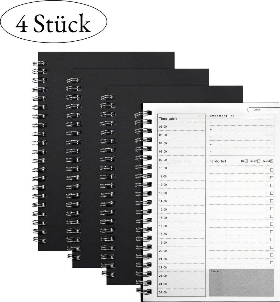 4 Stück Zeitmanagement Handbuch Aufgabenliste Tagesplaner Spiralblock Notizblock 100 Seiten/50 Blatt 19 x 13 cm, Schwarz