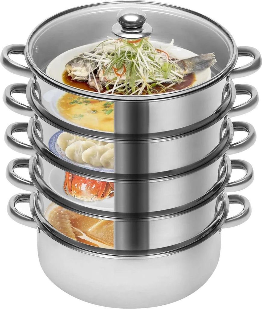Dampfgar-Topf - 5 Etagen 26 cm - Edelstahl - Glasdeckel & Griffe - Für Gas- und Elektroherd - Rund - Silber