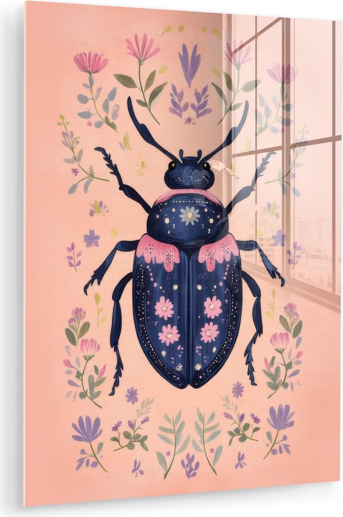 MuchoWow Glasbilder - Bilder auf Wandbild - Foto auf Glas Käfer - Dunkelblau - Blumen - Zierpflanze 30x40 cm Wanddekoration aus Glas - Acrylglasbi...