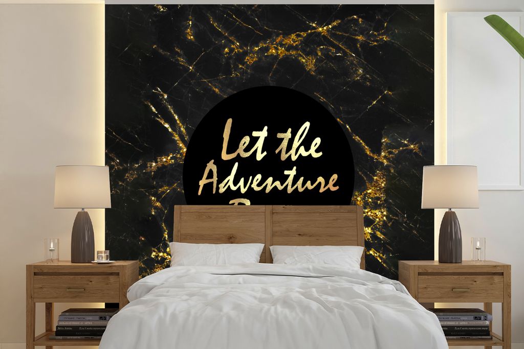 MuchoWow Fototapete für Wohnzimmer oder Schlafzimmer Wandtapete Vinyl Motivtapete Marmor - Gold - Text - Marmoroptik - Luxus - 280x280 cm - Hint...
