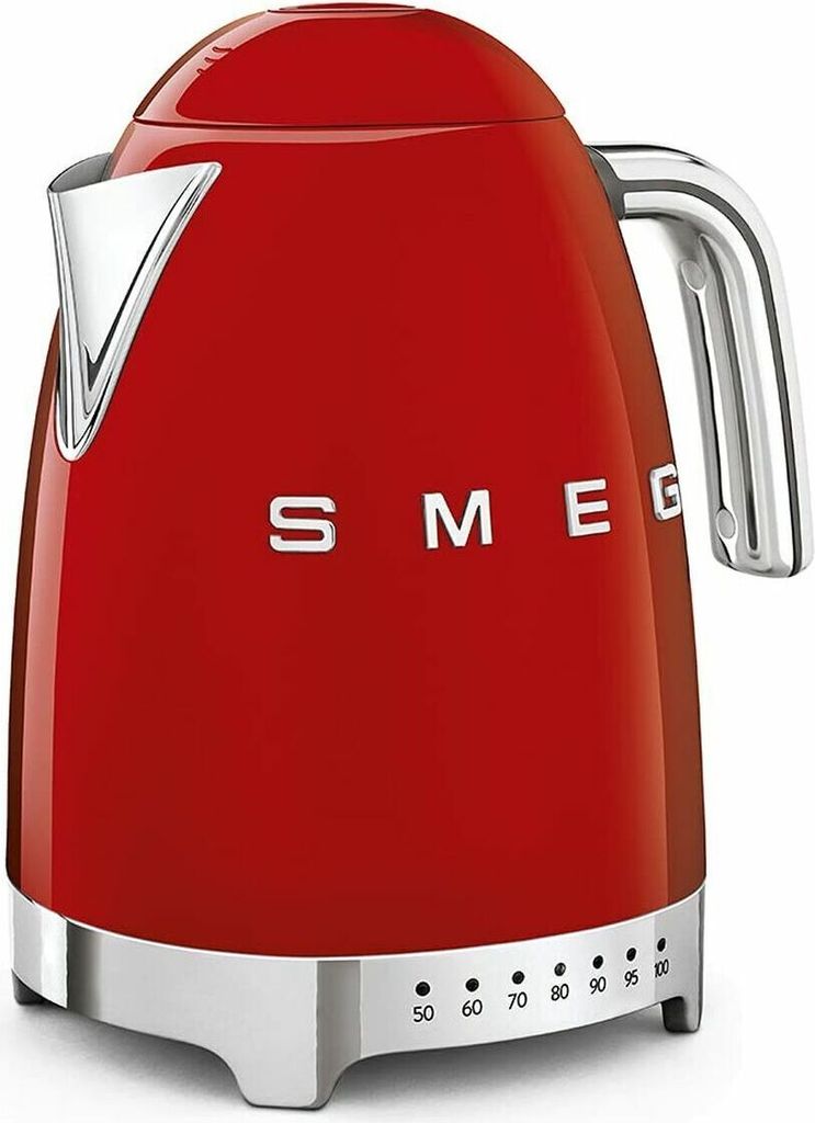 A red Smeg electric kettle is shown against a white background.
