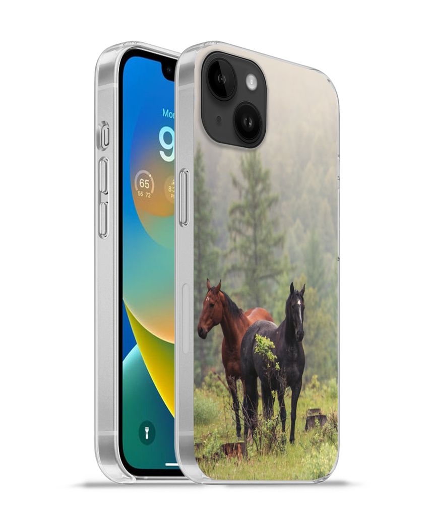 MuchoWow Handyhülle Schutzhülle Hülle für Apple iPhone 14 Plus - Soft case Pferde - Wald - Nebel Silikon Softcase Handy Hülle - Abbildung