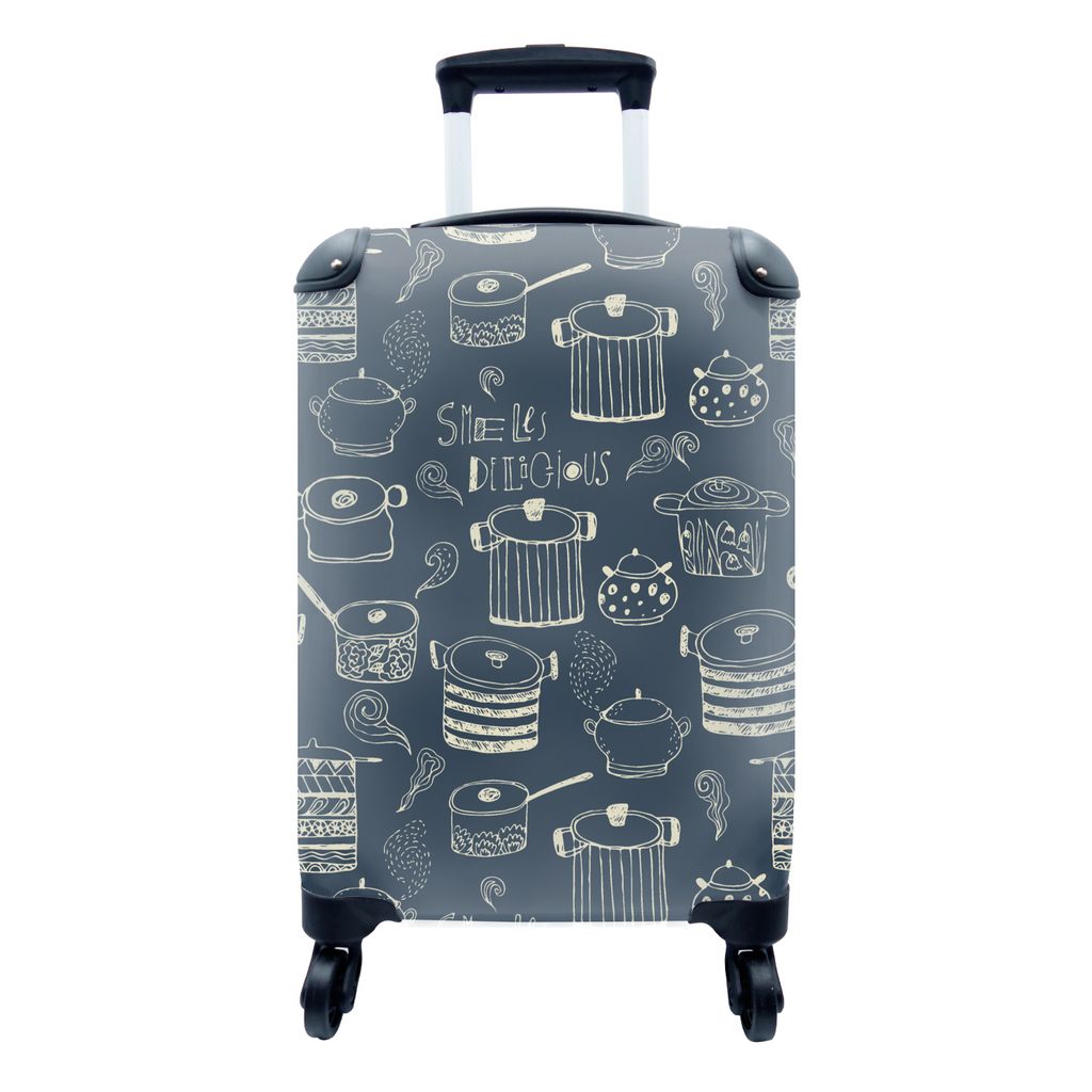 MuchoWow Koffer Handgepäck Trolley Rollkoffer Kleine Reisekoffer mit 4 Rollen - Muster - Pfannen - Kochen - Cabin Size < 55x40x23 cm & 55x40x20 ...