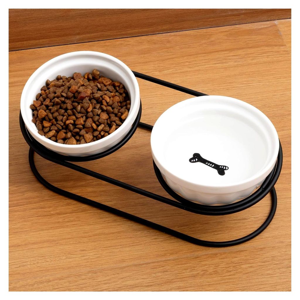 Keramischer Katzennapf mit schwarzem Metallständer - erhöhter Napf - 150 ml Kapazität - mikrowellen- und spülmaschinengeeignet