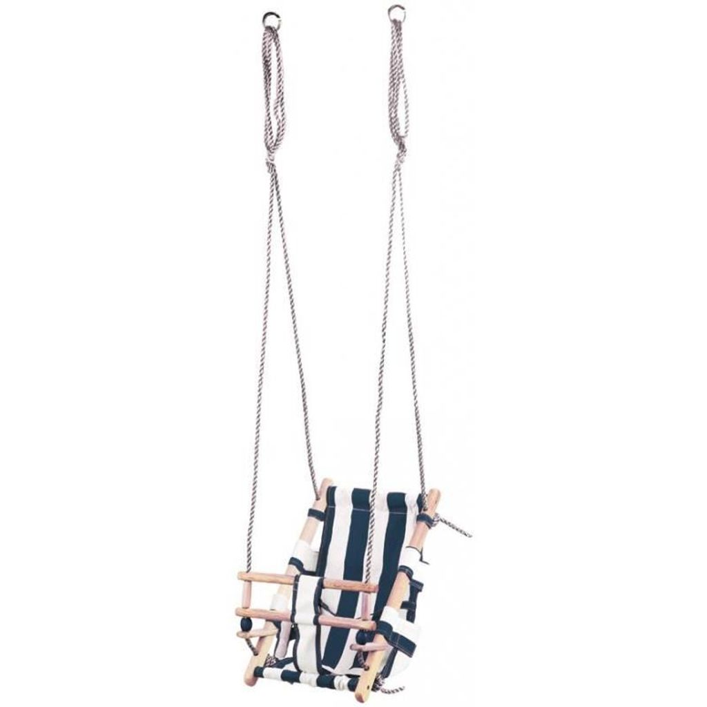 A child's swing with a striped fabric seat and wooden frame, suspended by chains.