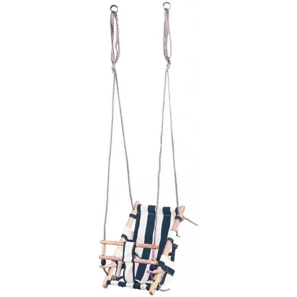 Balançoire sécurisée en bois et tissu bleu pour occuper bébé chez soi