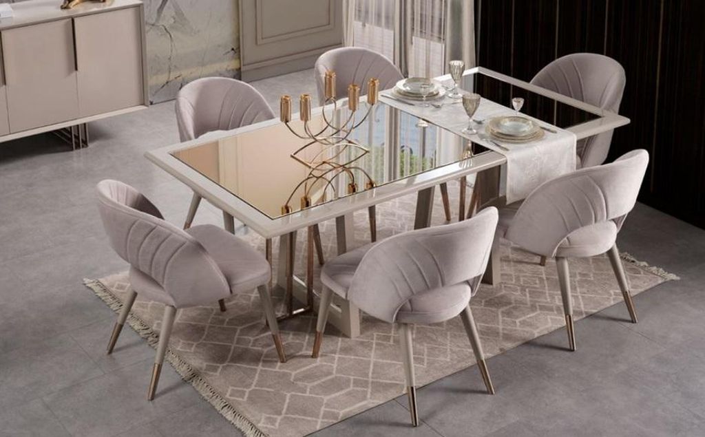 Luxus Essecke Essgruppe Esszimmer Esstisch Stühle Beige Holz Set 8tlg