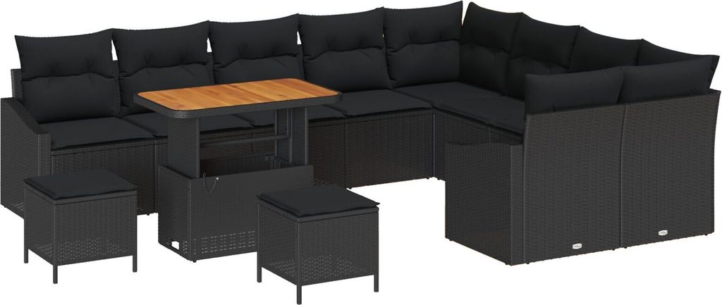 Möbel 12-teiliges Garten-Sofa-Set mit Kissen Schwarz Poly-Rattan Akazie, 2-Sitzer Garten-Sofa mit Stauraum & Kissen Schwarz Poly-Rattan, 3-teilige...