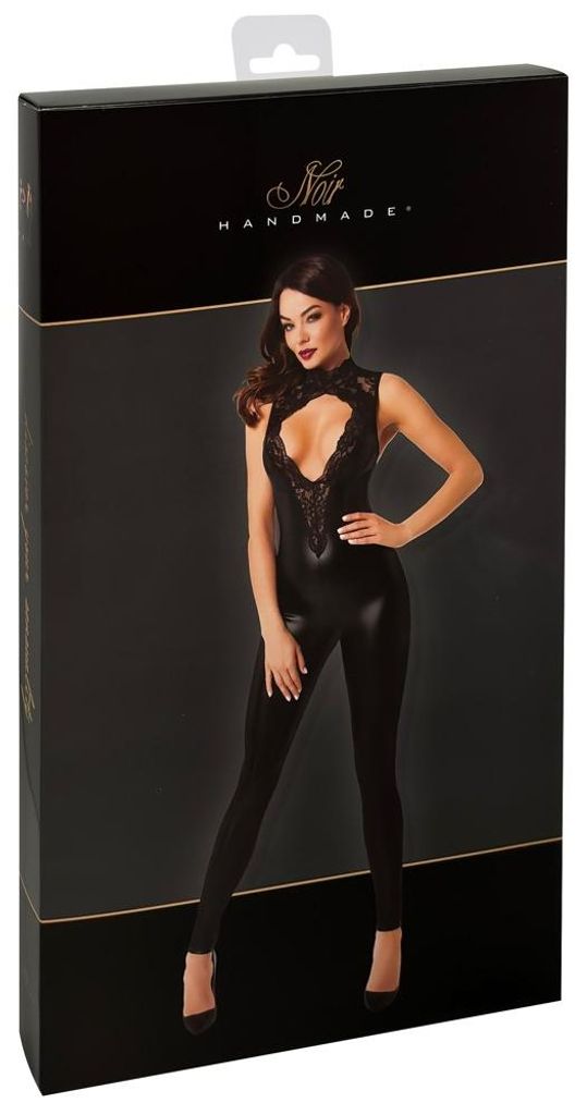 Schwarzer Powerwetlook Overall mit Spitzen-Oberteil, ärmellos, elastisch, Cut-out Dekolleté, Spitzenhalsband-Neckholder