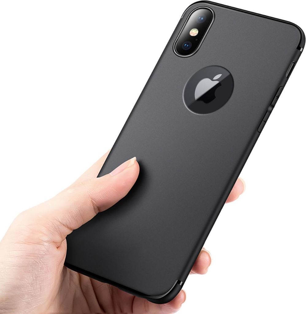 A hand holding a black smartphone case.