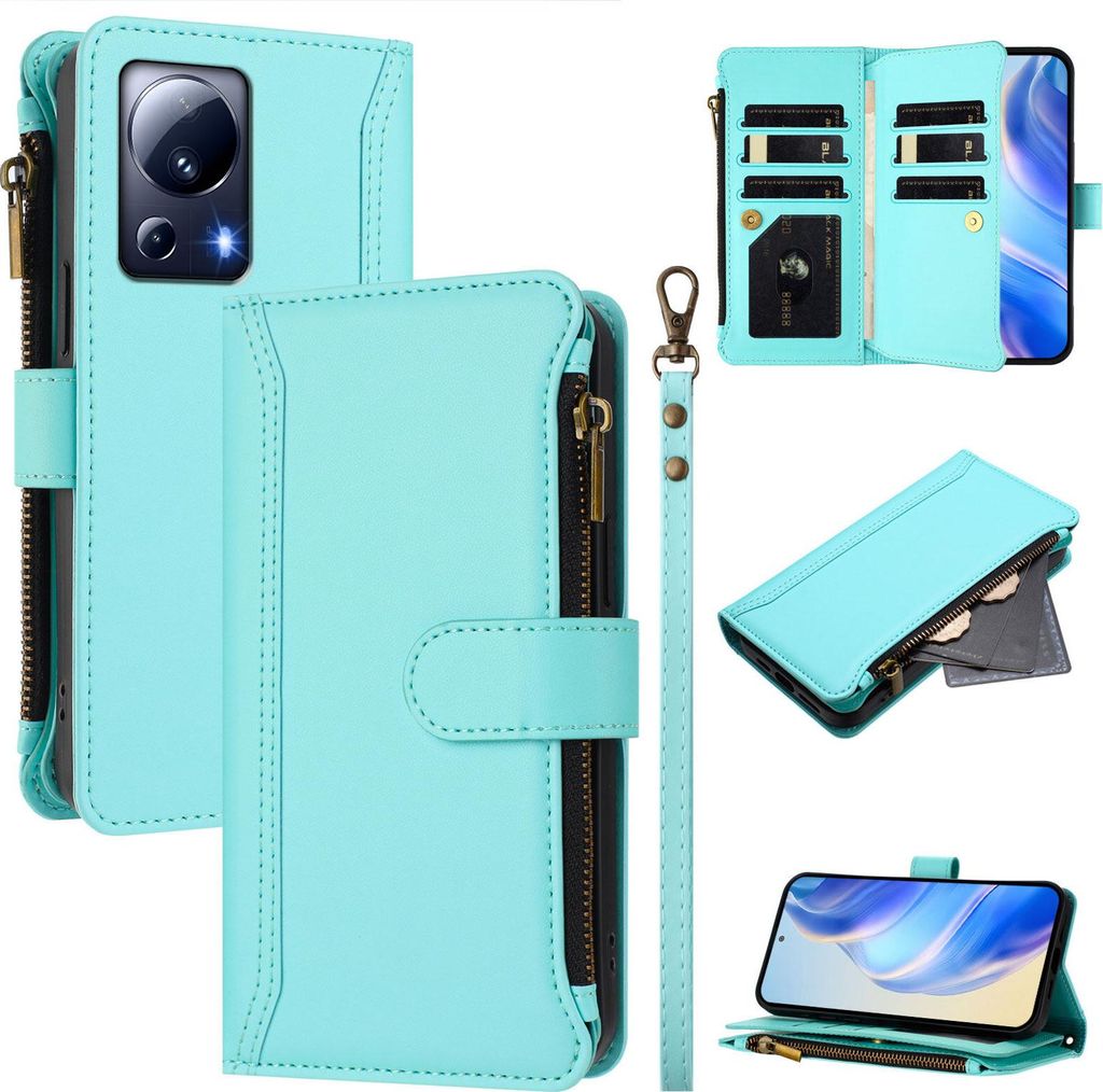 Handyhülle für Xiaomi 13 Lite Reißverschluss Geldbörse Kunstleder Klapphülle mit Kartensteckplatz, Ständer, Handschlaufe Türkis