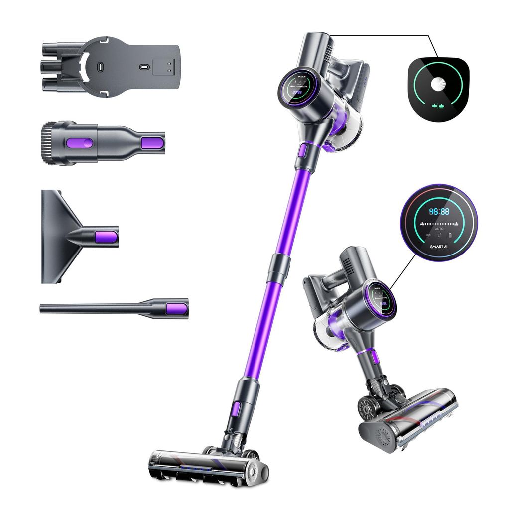 A cordless vacuum cleaner with various attachments and digital displays, presented against a white background.