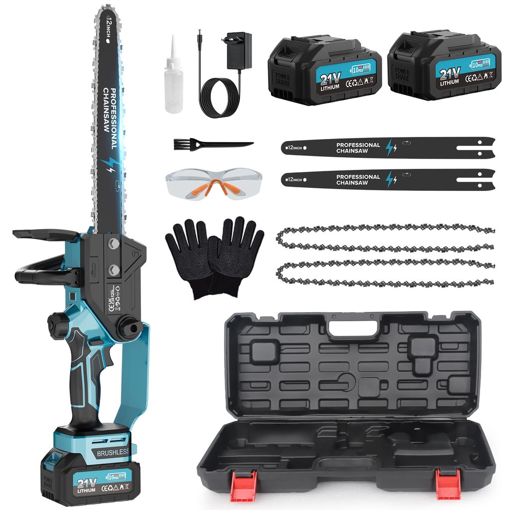 A collection of items for a mini chainsaw kit, including the chainsaw, batteries, charger, safety gear, and carrying case.